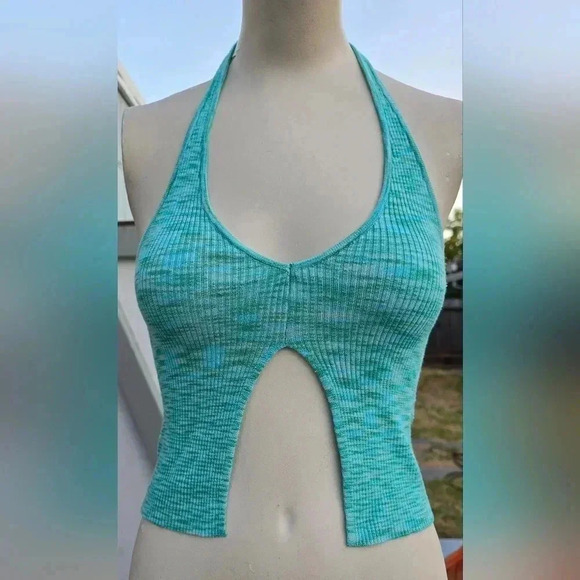 Garage Split Front Halter Top Tie Neck Sweater Tank Space Dye Green Blue S - Picture 5 of 9